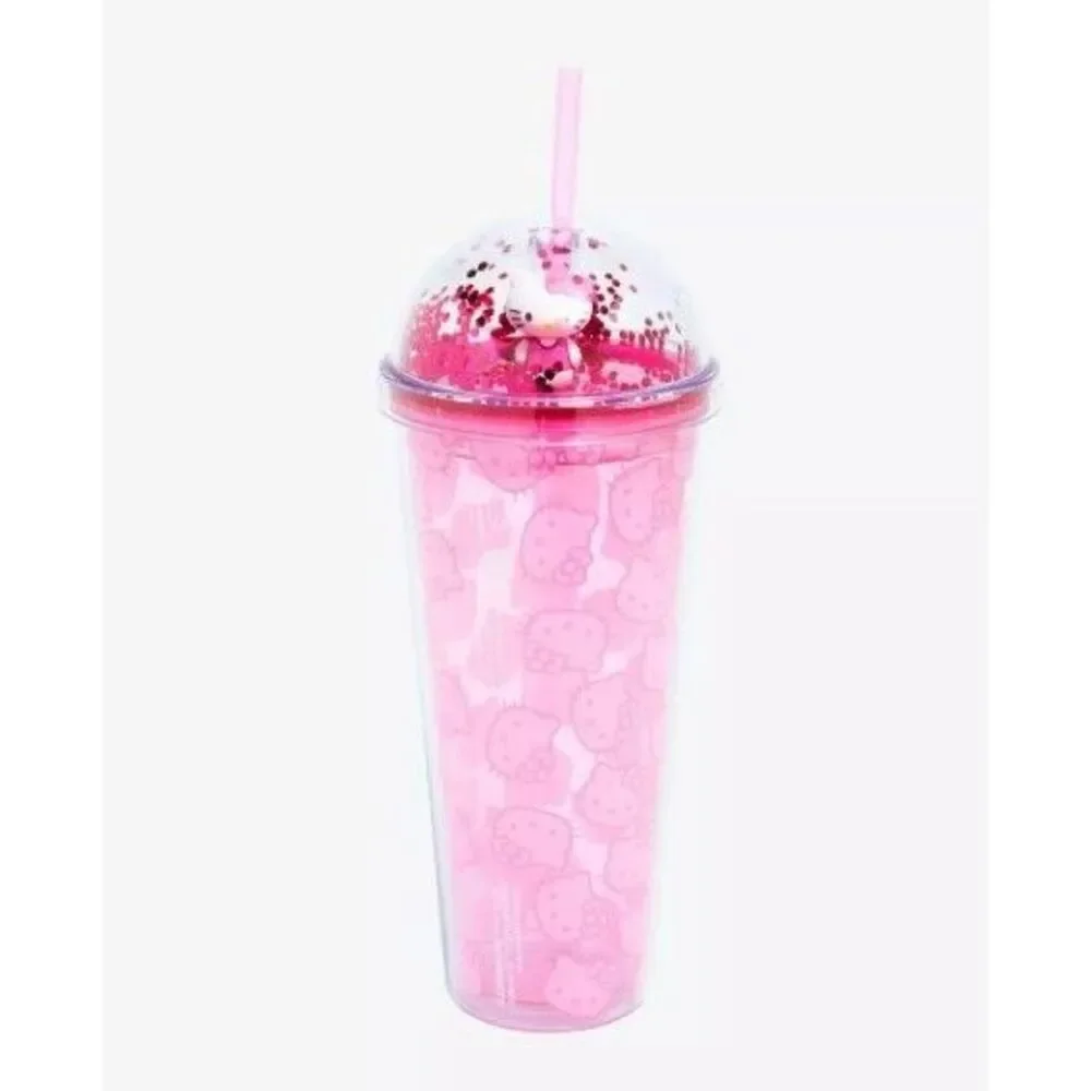 Hello Kitty Figure Sanrio Pink Glitter Sparkle Travel Cup Tumbler Straw 20Oz New